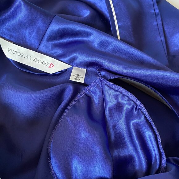 Victorias Secret Royal Blue Maxi Satin Robe White Piping Pockets Women M/L - Picture 7 of 8